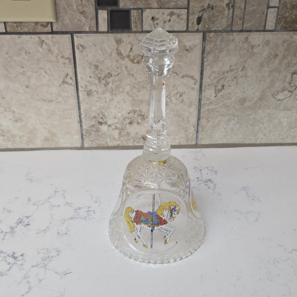 Pressed glass bell with carousel horse decals